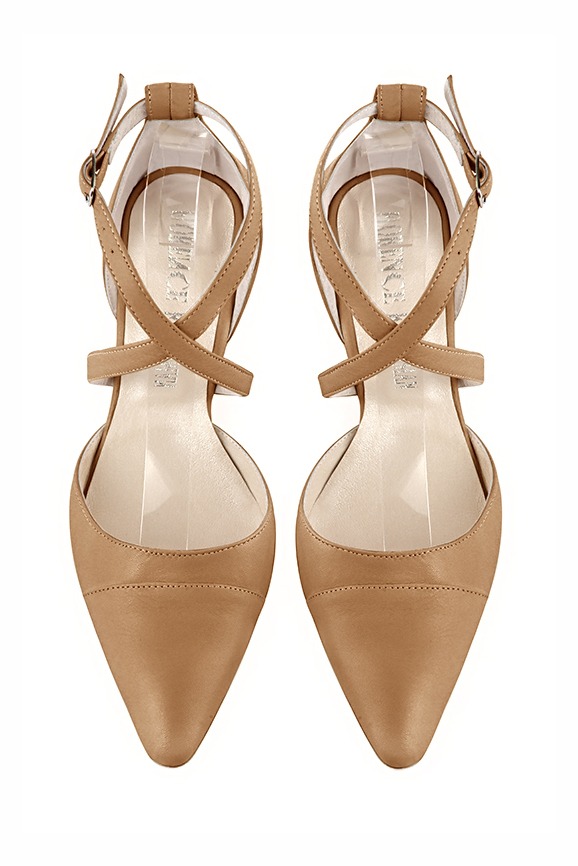 Camel beige women's open side shoes, with crossed straps. Tapered toe. Medium comma heels. Top view - Florence KOOIJMAN